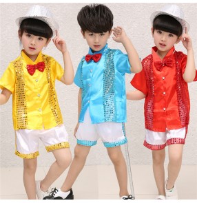 Blue yellow red patchwork white sequined boys girls kids child children toddlers kindergarten school paly t show baby jazz modern dance dj ds dance costumes